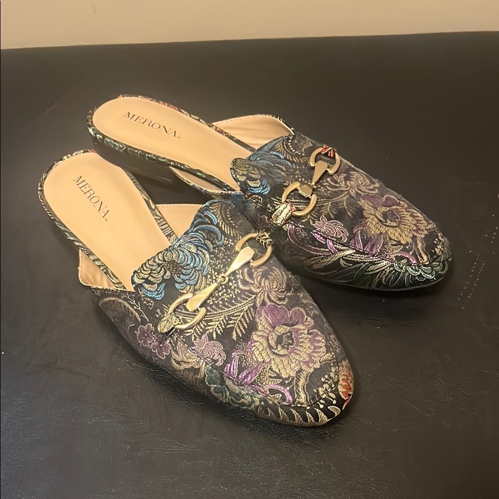Merona | Floral Mules with Gold Hardware